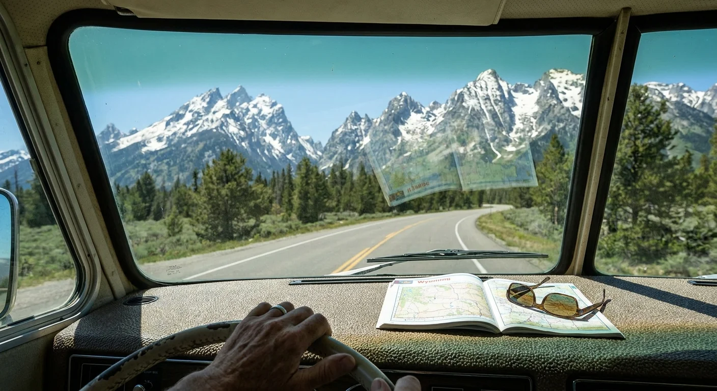 View from the driver's seat of an RV looking out at the snow-capped Grand Teton mountains.