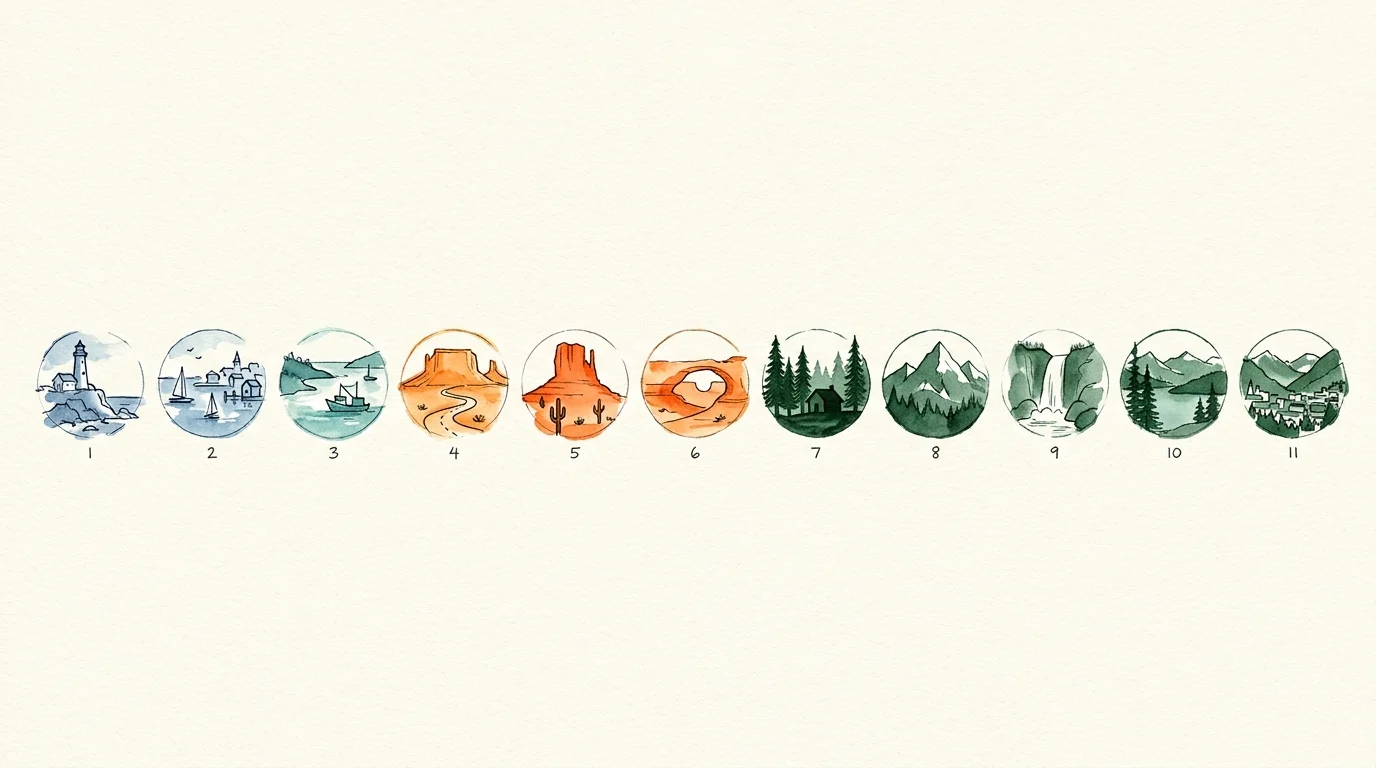 11 small watercolor circles, each depicting a different natural landscape, arranged in a line.