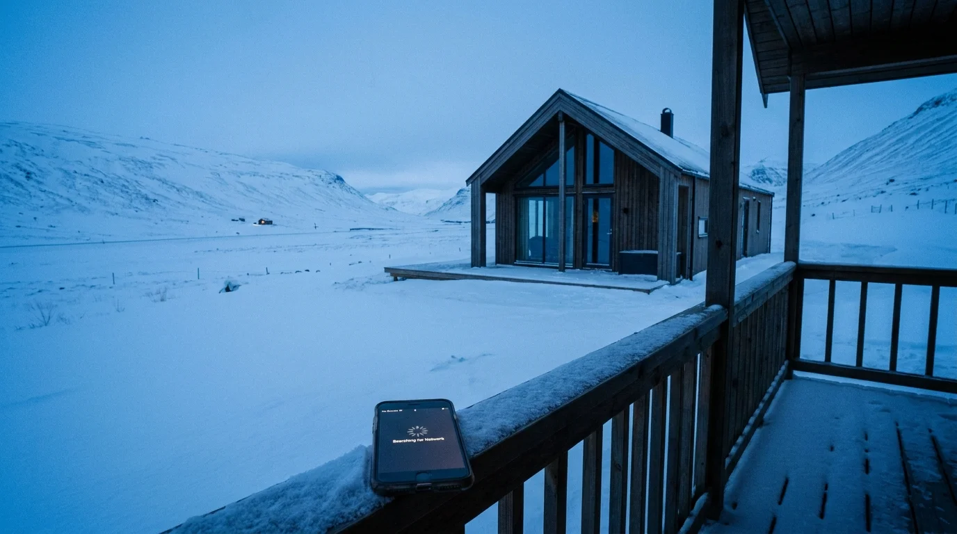 A beautiful but isolated mountain cabin at dusk, with a phone in the foreground showing no cellular signal.