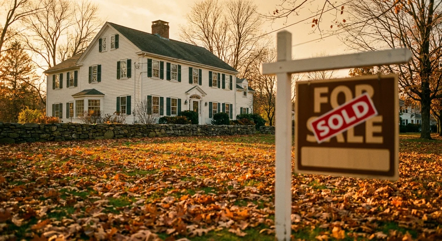 A beautiful colonial home in Connecticut during autumn, suggesting the high real estate values and associated taxes.