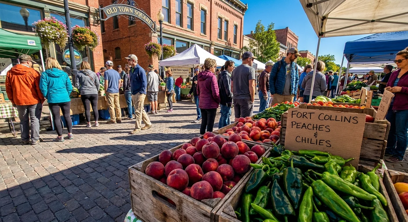 A bustling farmers market in the brick-lined Old Town Square of Fort Collins, Colorado.