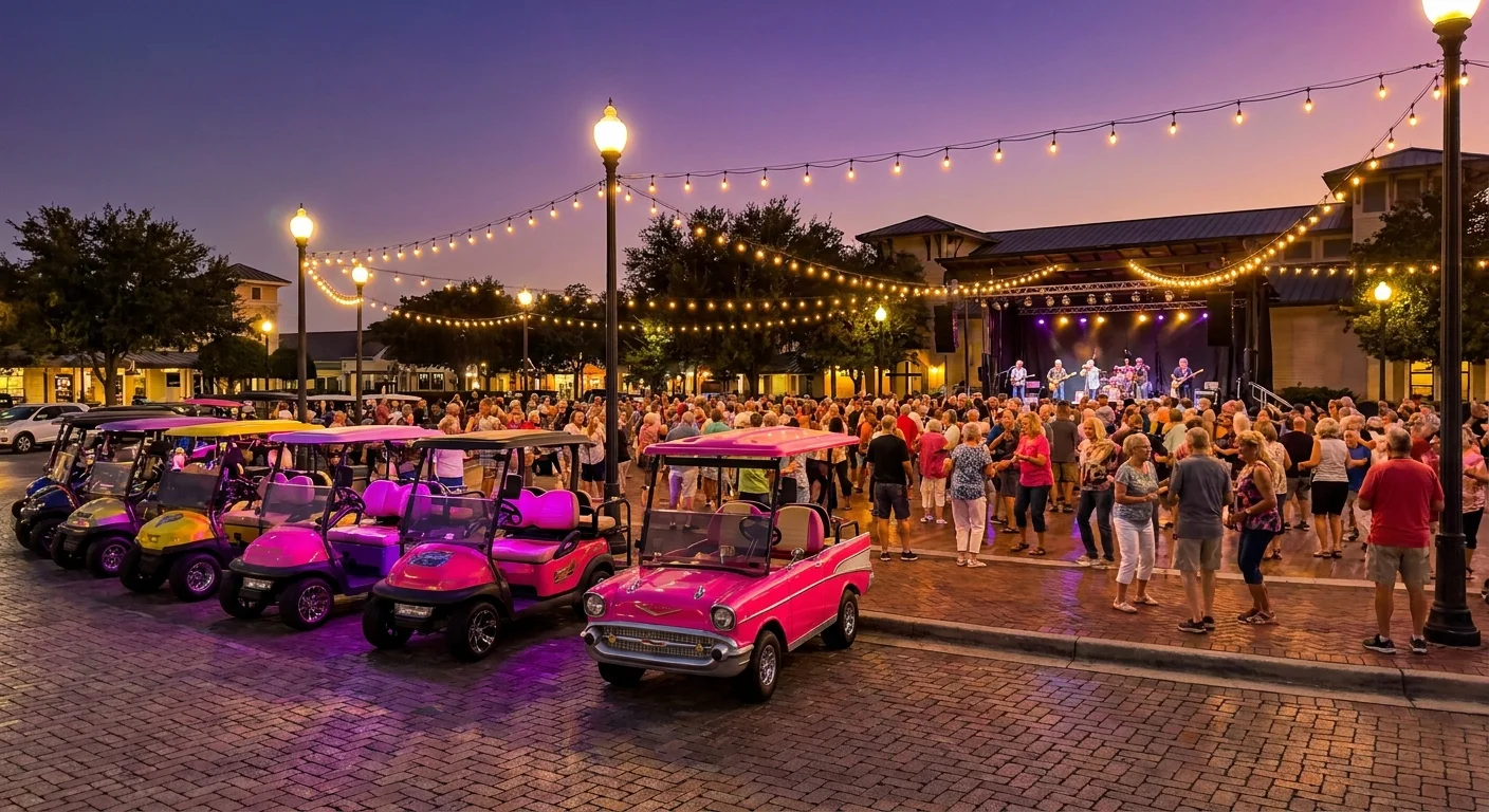 A bustling town square in The Villages, Florida, with customized golf carts and seniors dancing at dusk.