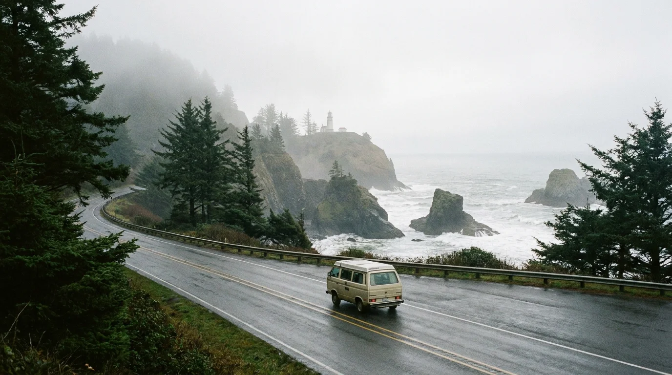 A camper van driving along a misty Oregon coastal road with evergreen trees and a distant lighthouse.
