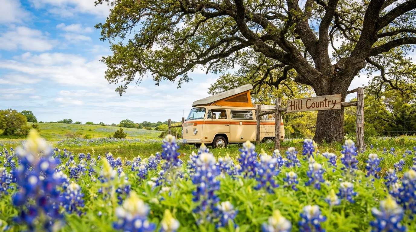 A camper van parked behind a field of blooming bluebonnet flowers in the rolling Texas Hill Country.