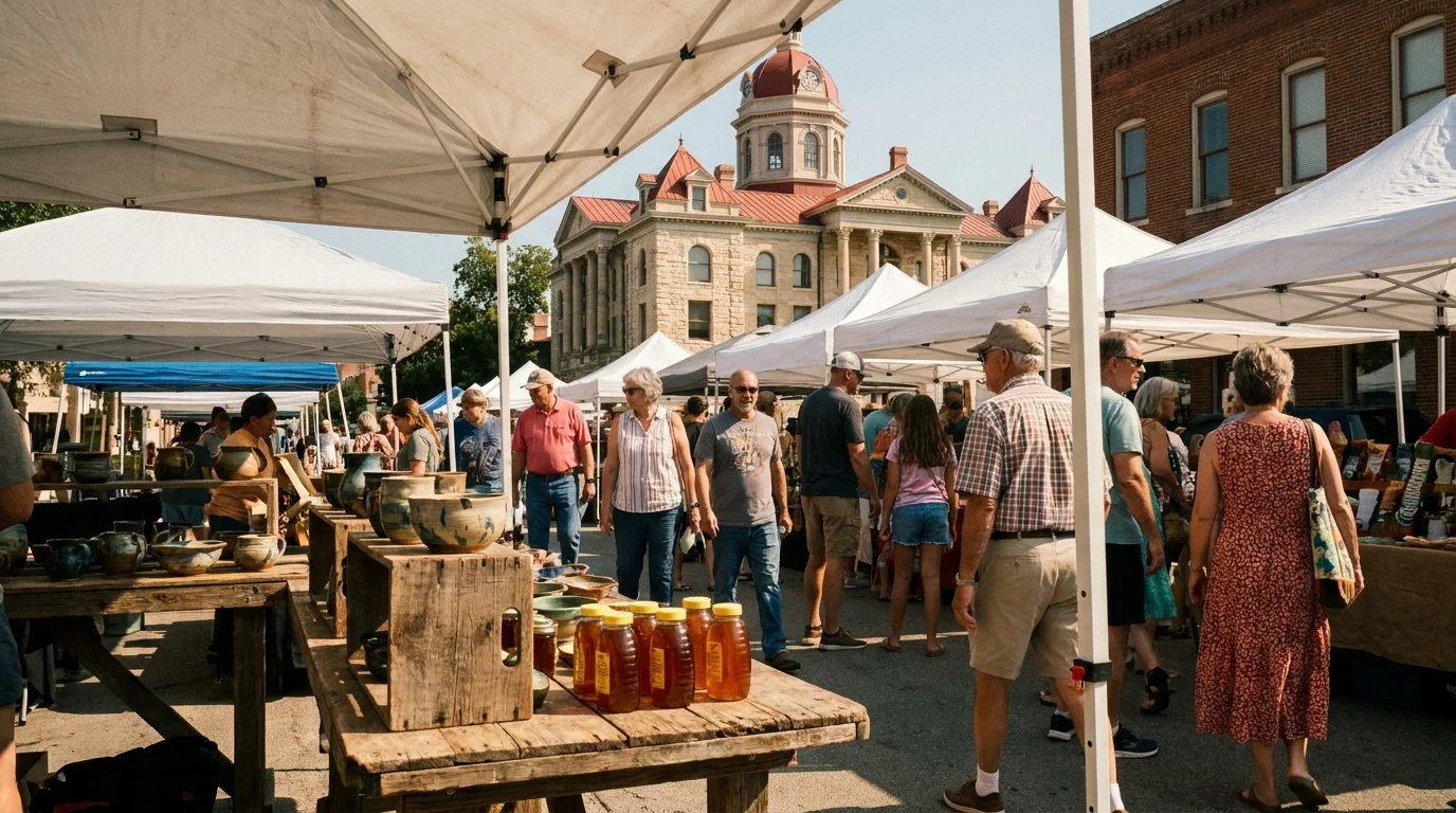 A candid morning scene at the Georgetown, Texas market square with the historic courthouse in the background.