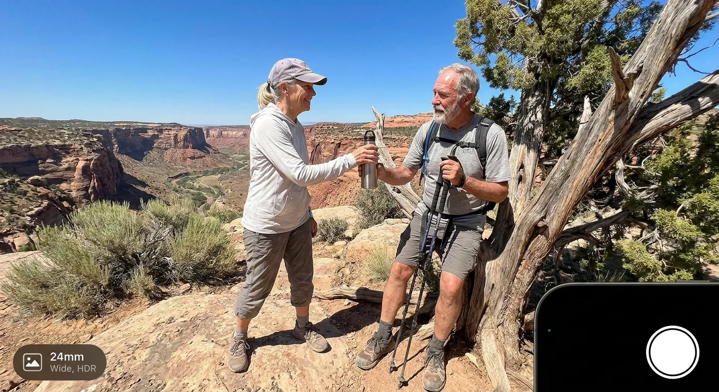 A candid photo of a senior couple taking a break while hiking on a rocky trail overlooking a wide desert canyon.