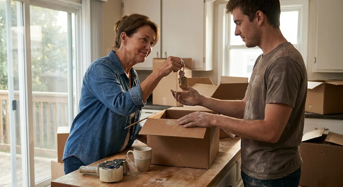 A candid photo of an older woman handing house keys to her grandson amidst moving boxes.