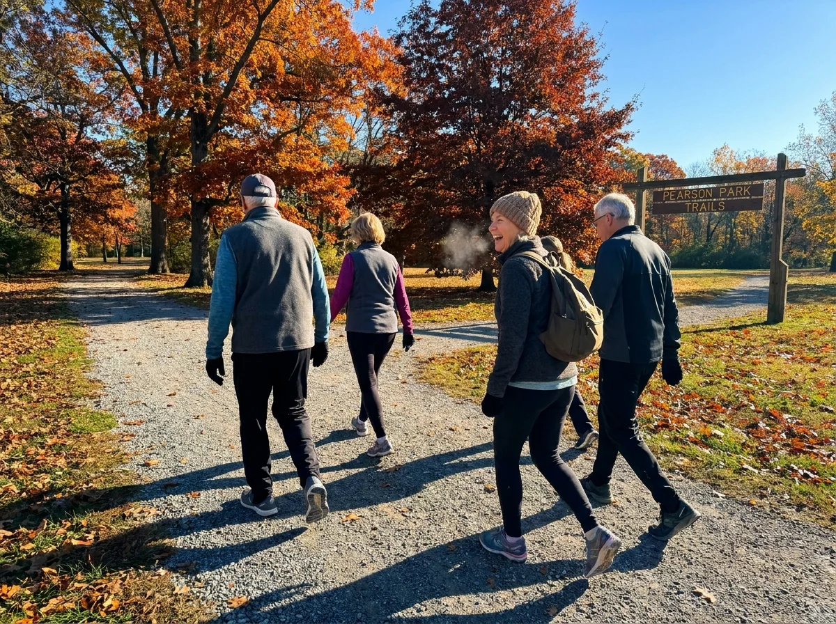 A candid photograph of a group of seniors laughing and walking together on a scenic park trail during a sunny autumn morning.