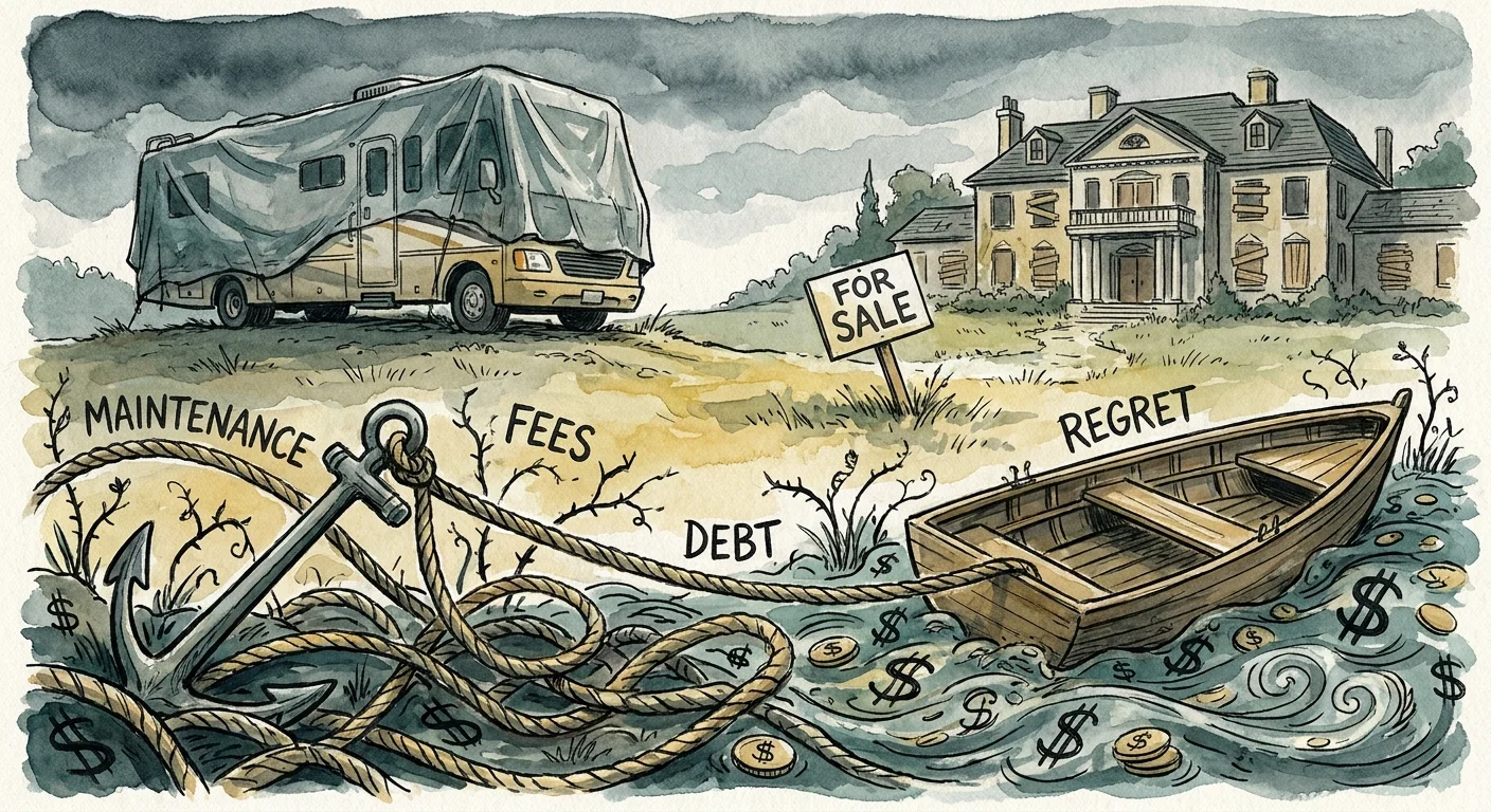 A cautionary illustration showing an RV under a tarp and a large house with a for-sale sign.