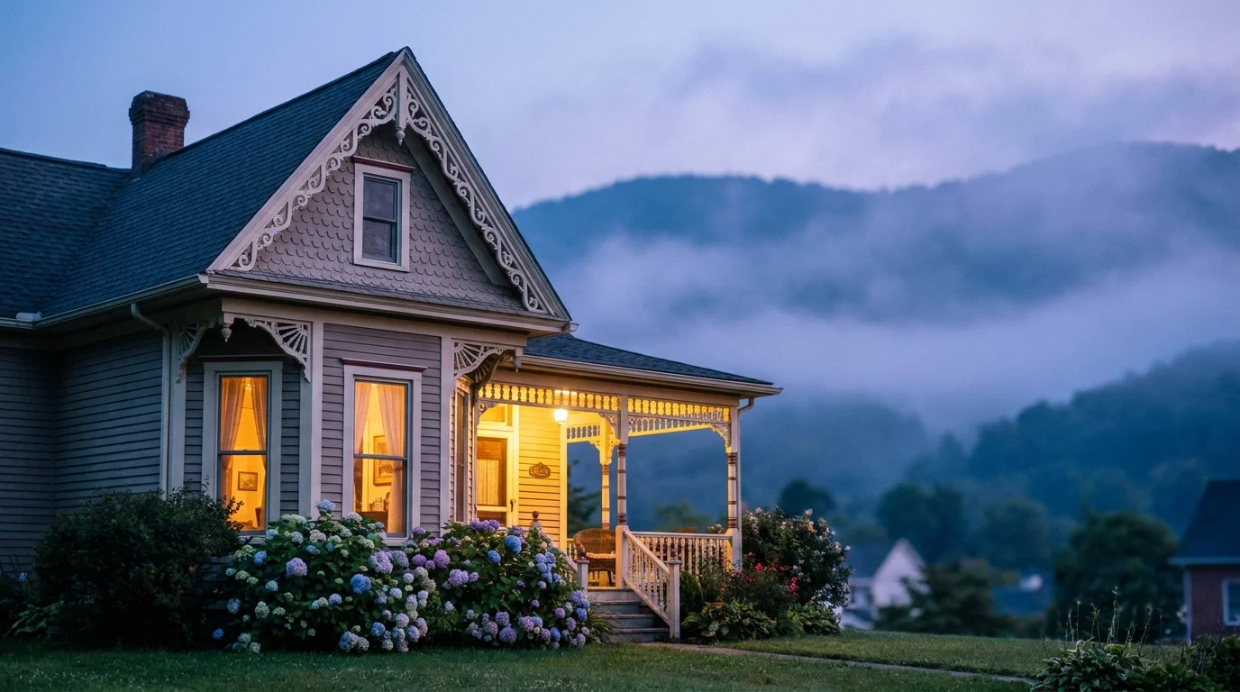 A charming historic cottage in West Virginia with mountain peaks visible in the misty background morning light.