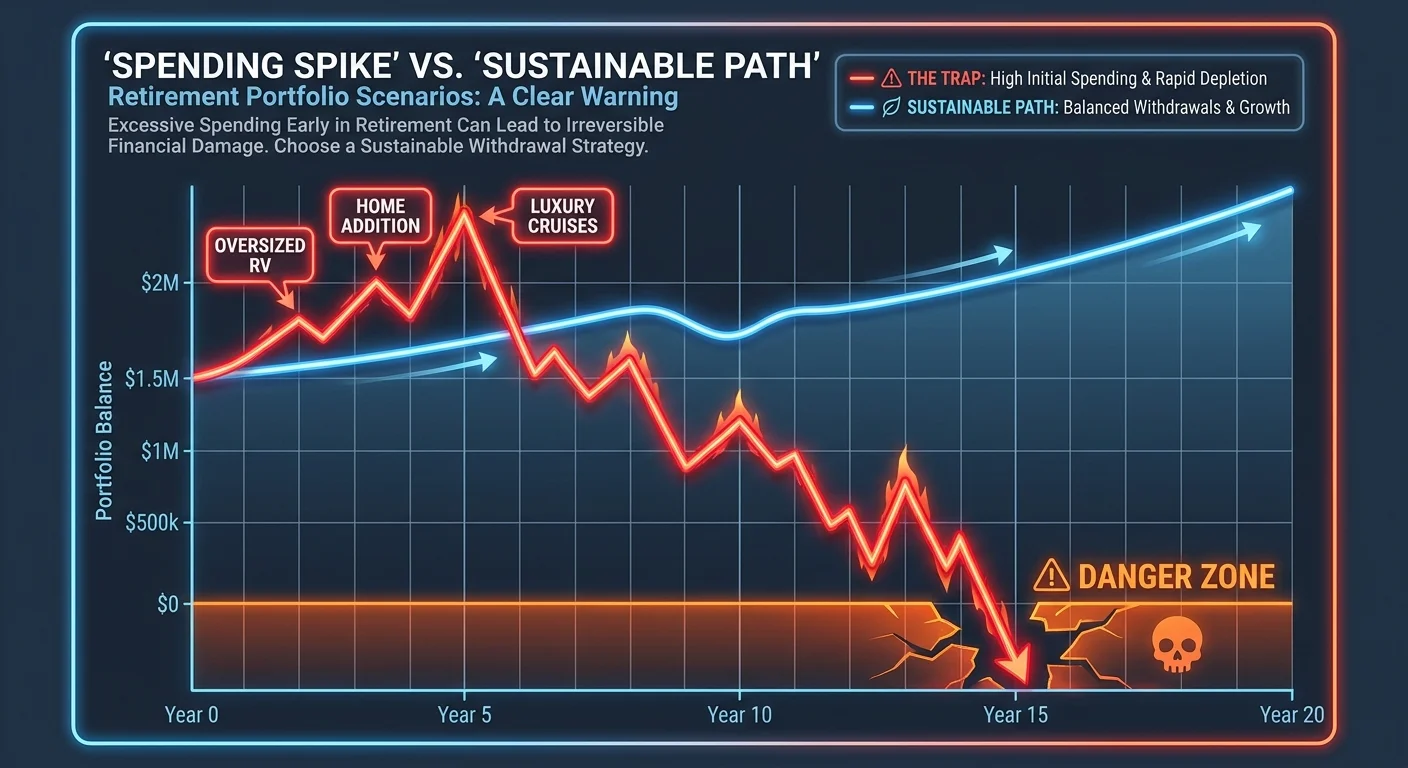 A chart comparing aggressive early retirement spending with a sustainable long-term plan.