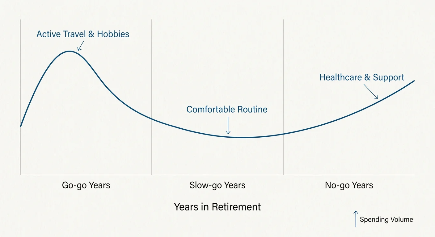 A chart showing how retirement spending starts high, dips in the middle years, and rises again for healthcare.