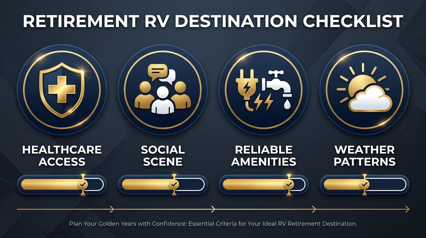 A checklist infographic with icons for Healthcare, Social Scene, Amenities, and Weather.