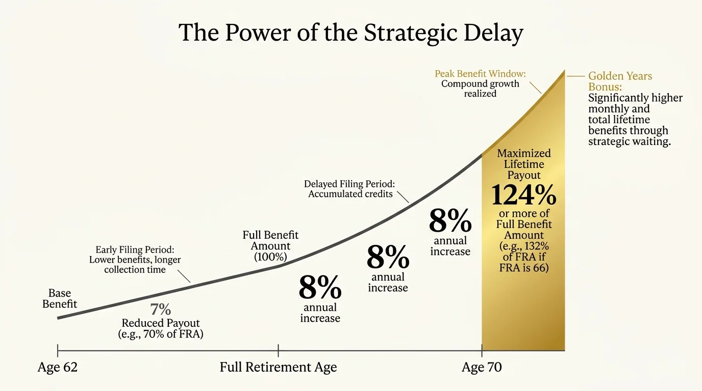 A clean data chart showing the increase in Social Security benefits when delaying claims from age 62 to age 70.