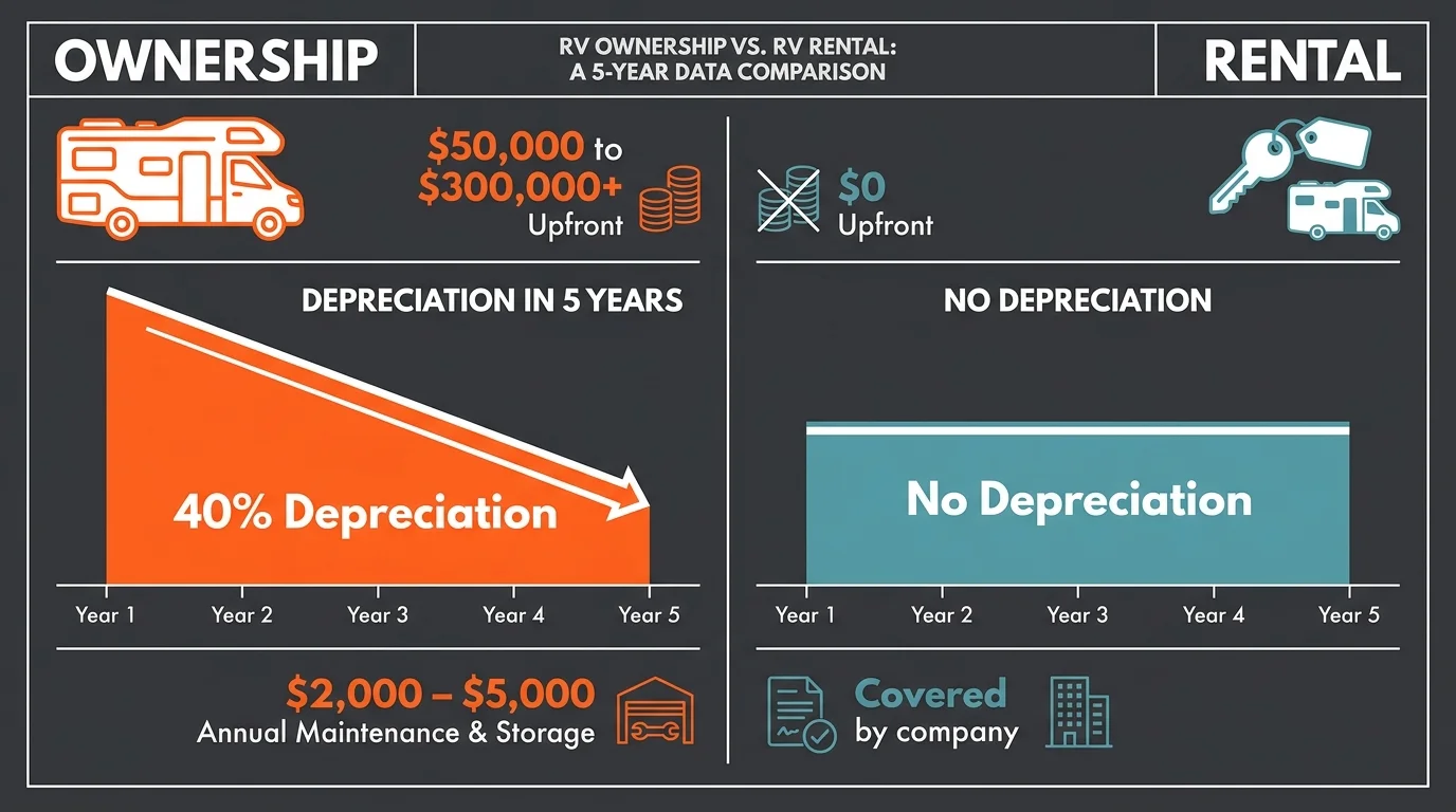 A clean infographic comparing the high costs of RV ownership versus the flexibility of renting, using orange and teal bars.