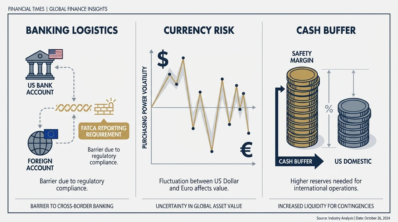 A clean infographic showing the three pillars of international finance: banking logistics, currency risk, and the need for a cash buffer.