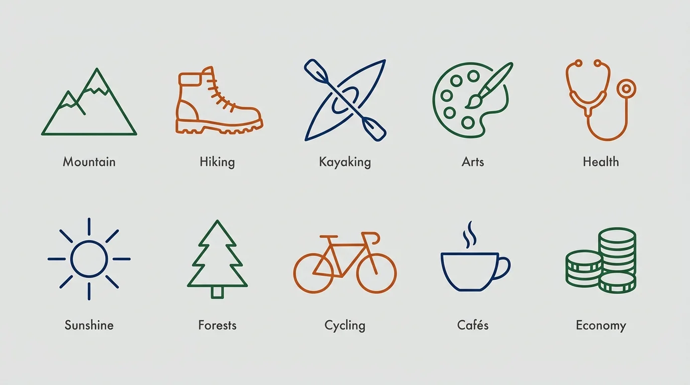A clean infographic with ten icons representing outdoor activities, healthcare, and culture, arranged in two horizontal rows.