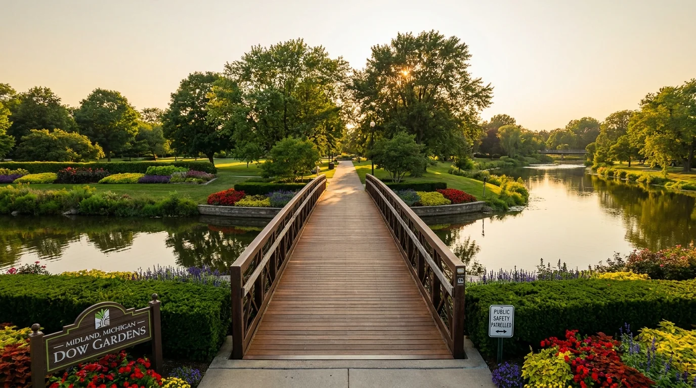 A clean, well-maintained pedestrian bridge and park in Midland, Michigan, reflecting in a calm river.