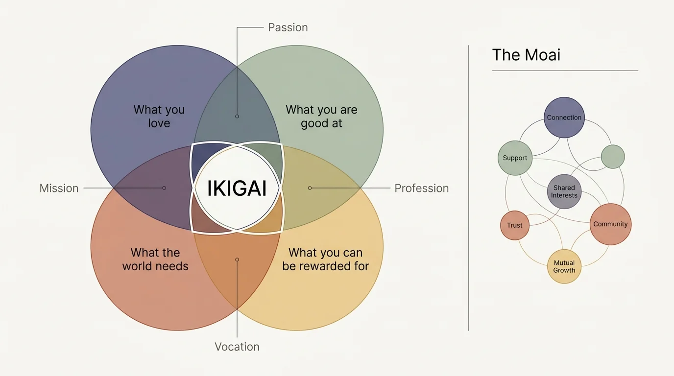 A clear, 4-circle Ikigai diagram showing the intersection of passion, mission, vocation, and profession for retirement purpose.