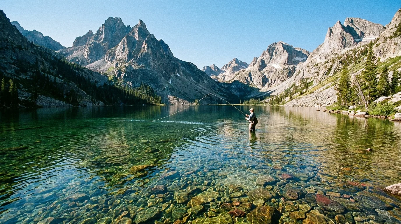A clear river in Idaho's Sawtooth Mountains with a person fly-fishing in the distance.