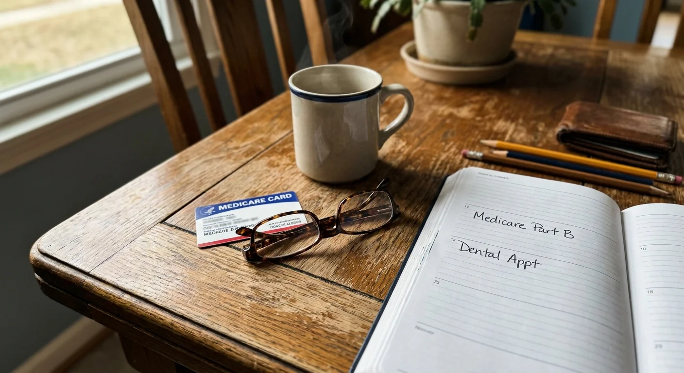 A close-up of a Medicare card and a personal planner on a kitchen table, highlighting healthcare planning.
