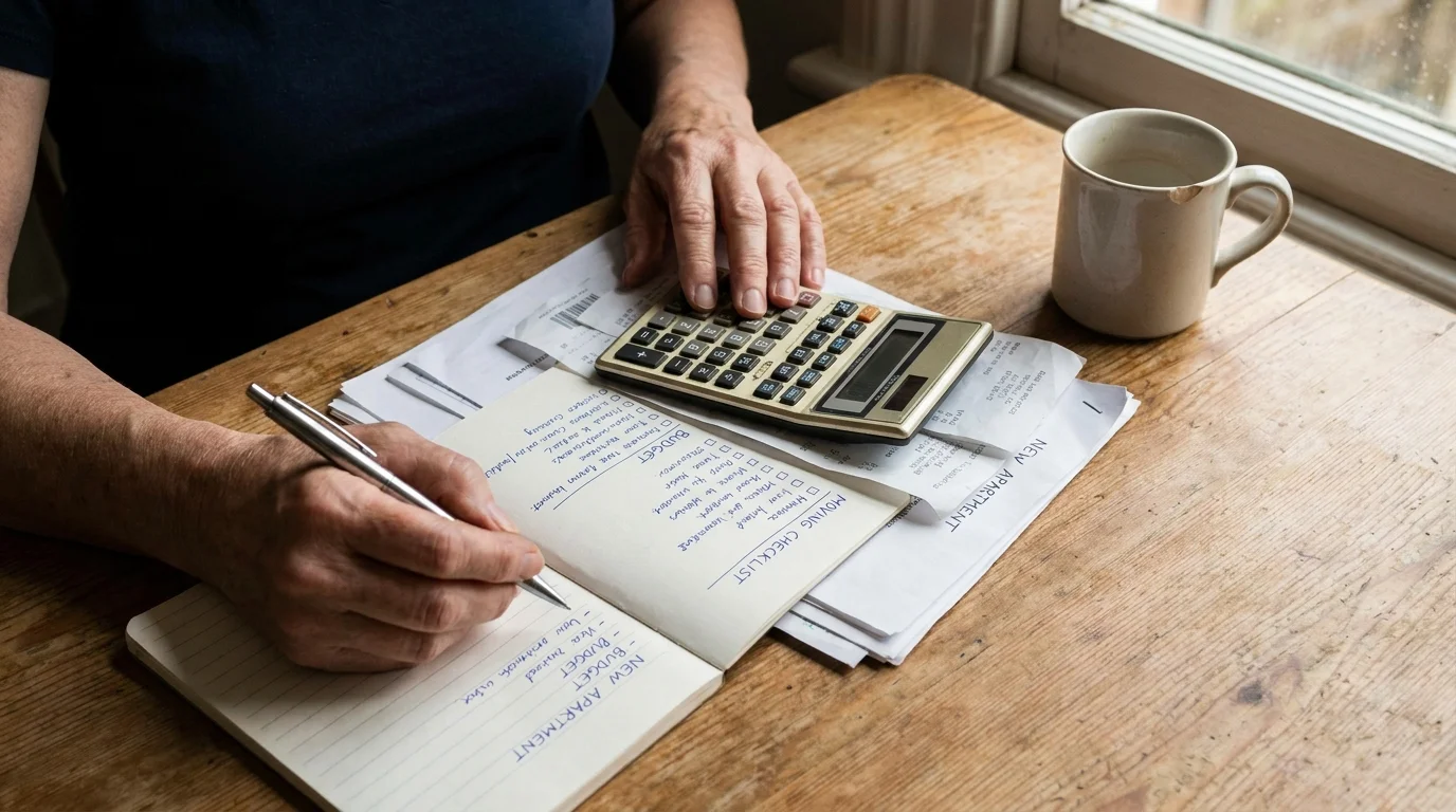 A close-up of a person's hands organizing financial paperwork and a calculator on a wooden kitchen table.