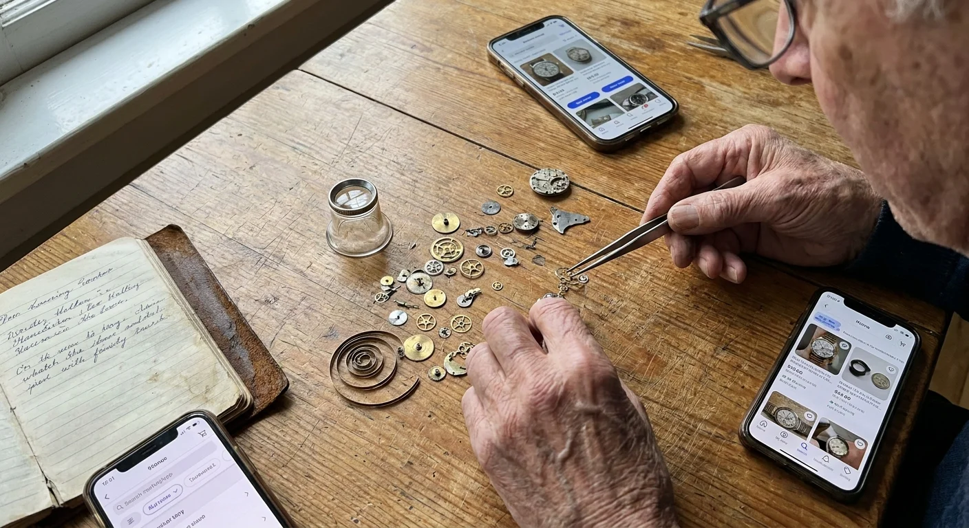A close-up of a person's hands using tweezers to sort tiny mechanical watch parts on a wooden table next to a smartphone.