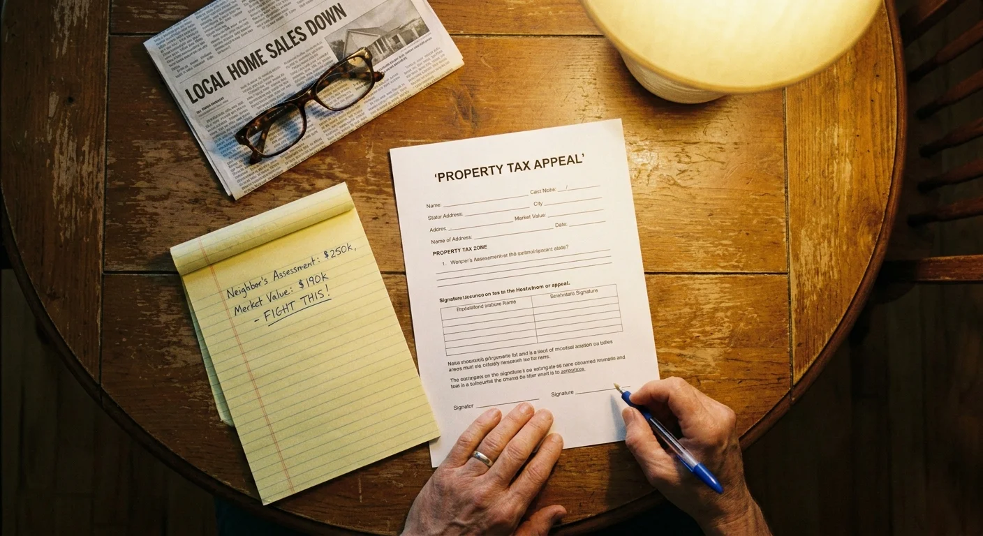 A close-up of a property tax appeal form and handwritten notes on a wooden table, with a hand holding a pen.