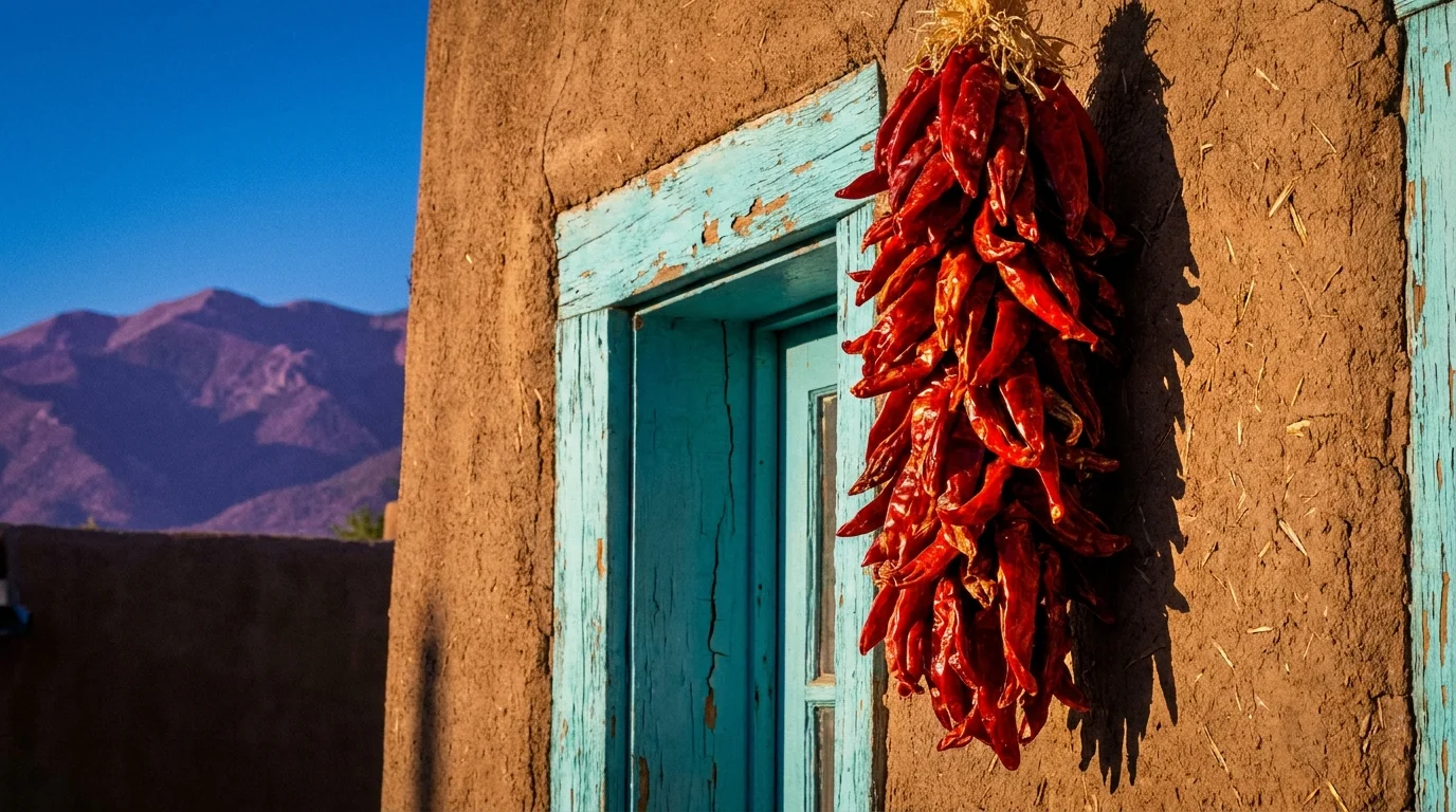 A close-up of a red chili ristra hanging on a tan adobe wall with a blue window frame.