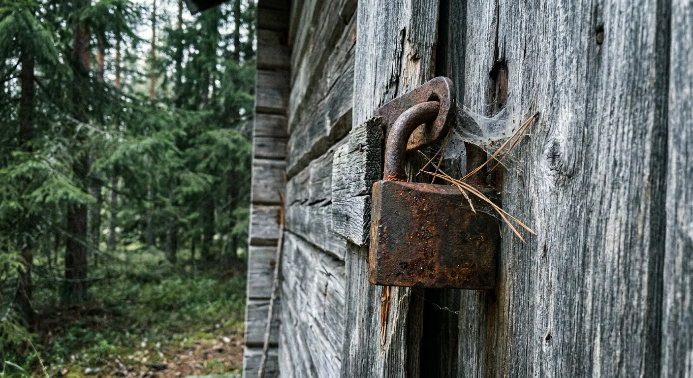 A close-up of a rusted padlock on a weathered cabin door in the woods, captured in a sharp documentary style.