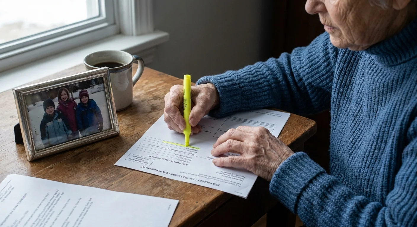 A close-up of a senior's hands highlighting a local property tax statement at a desk.