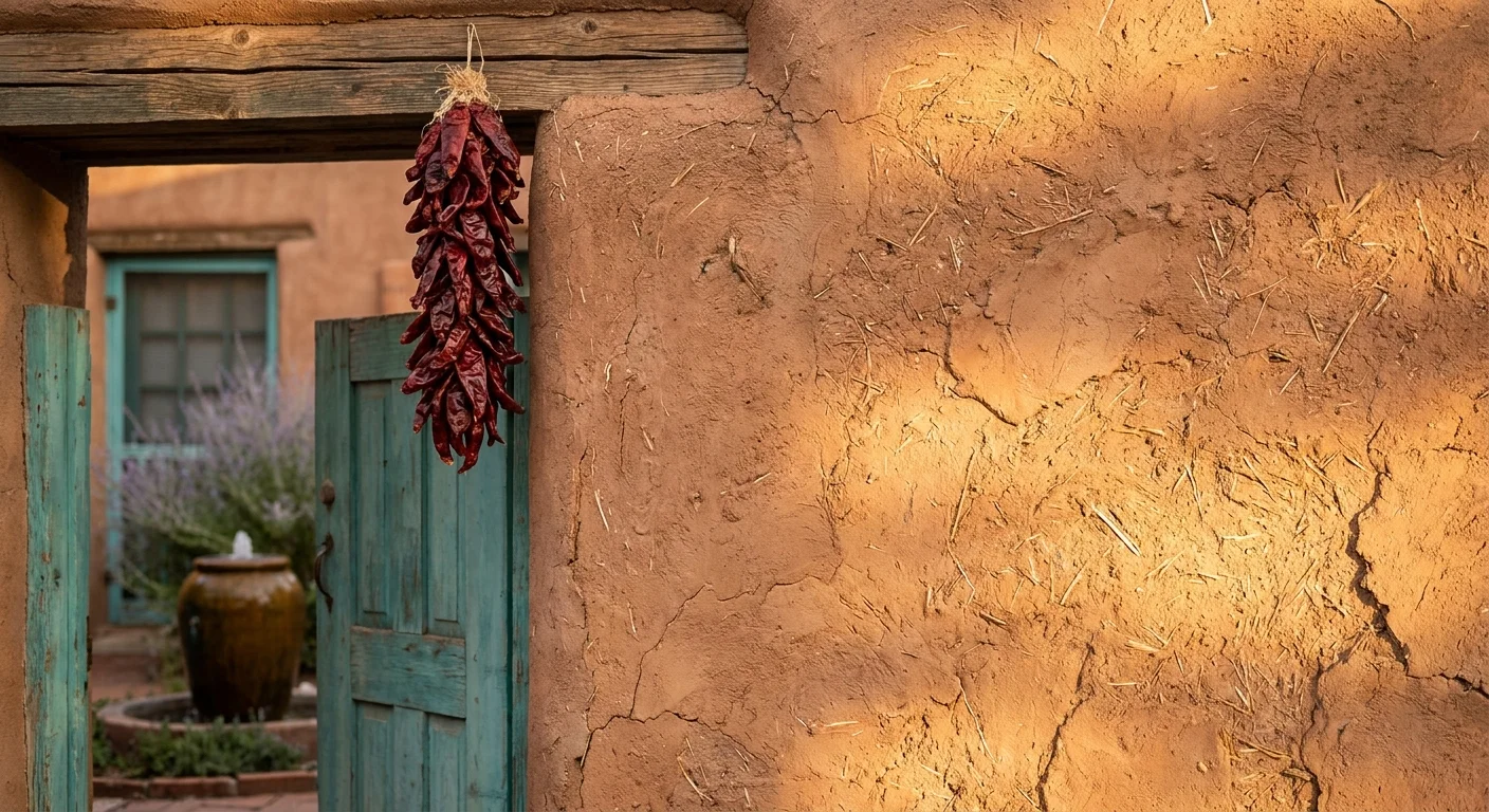 A close-up of a terracotta adobe wall with a string of red chilies hanging next to a turquoise gate in Santa Fe.