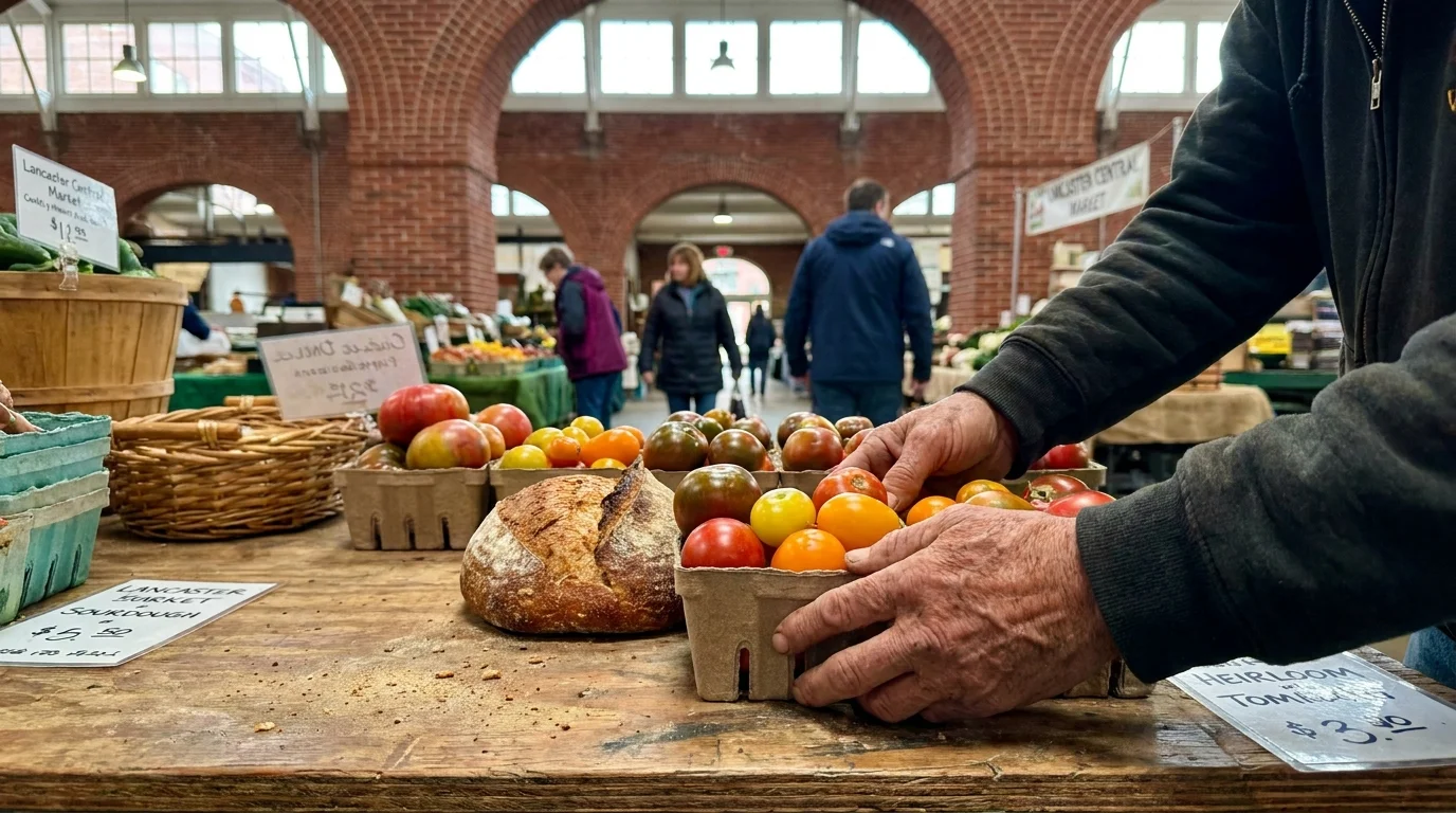 A close-up of fresh produce and bread at the historic Lancaster Central Market, showing a retiree's hands.