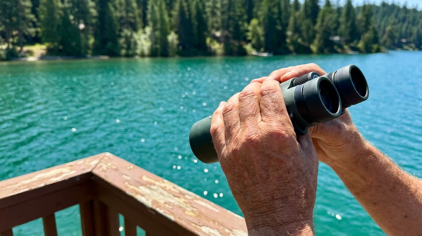 A close-up of hands holding binoculars with a beautiful blue lake and green forest in the blurred background.