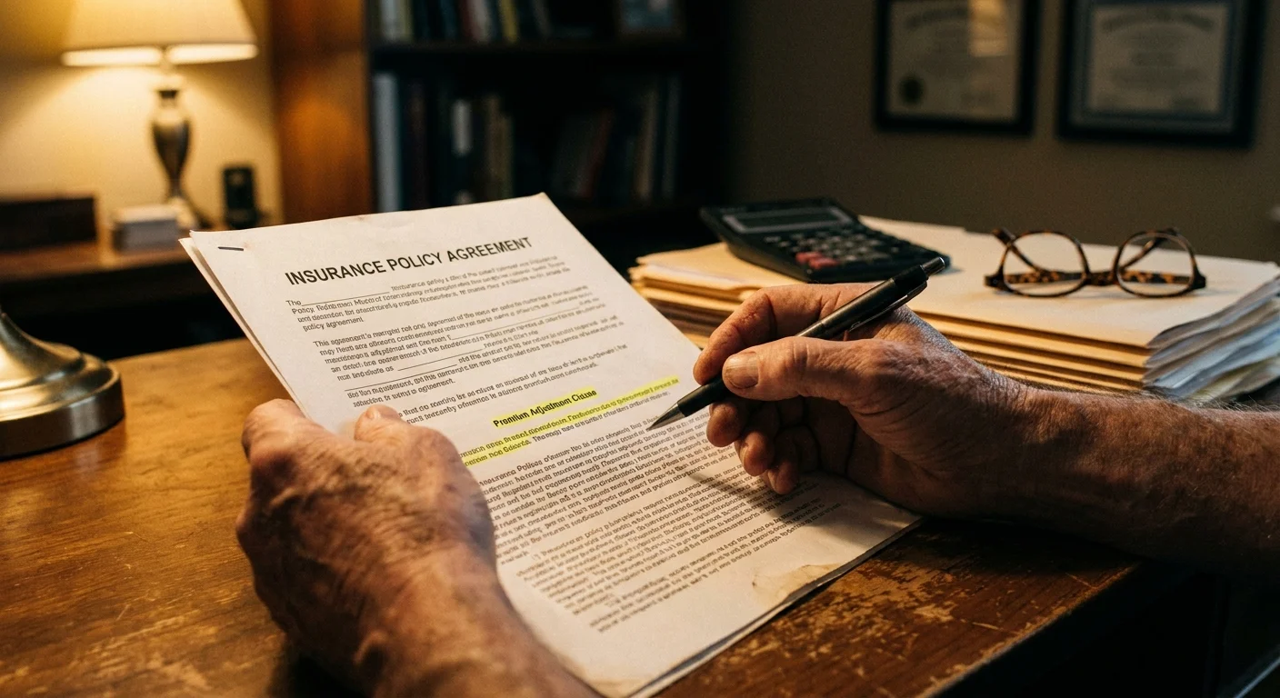 A close-up of hands reviewing a complex insurance document with a highlighter and a calculator nearby.