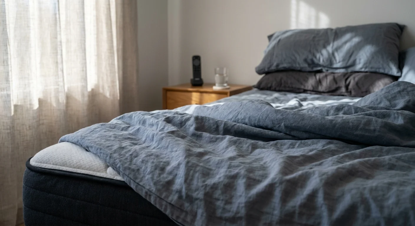 A close-up of high-quality blue linen bedding in the soft morning light.