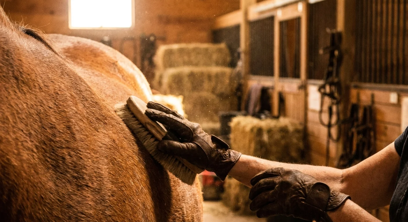 A close-up photo of a person in riding gloves brushing a chestnut horse inside a sunlit stable.