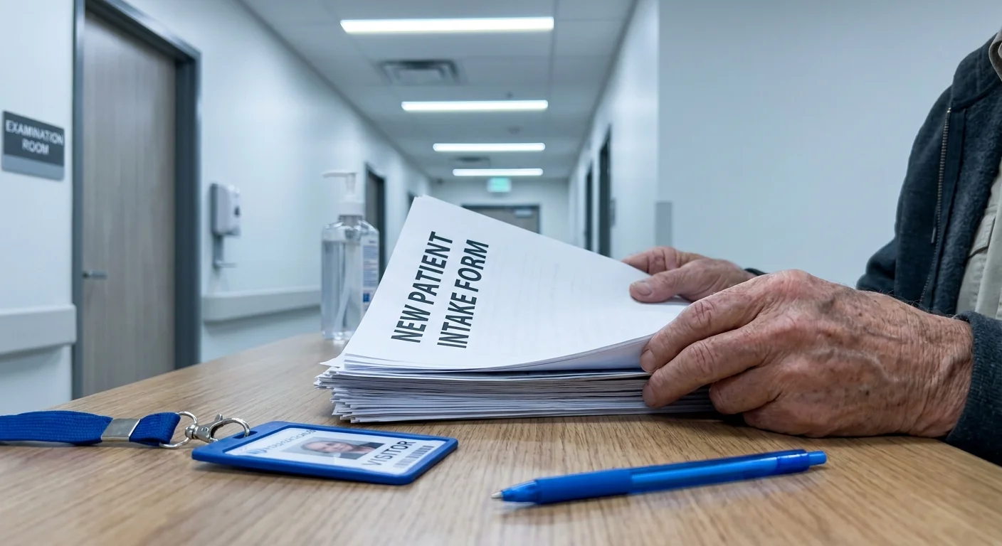 A close-up photo of a retiree's hands holding a 'New Patient' medical form in a clinical doctor's office setting.