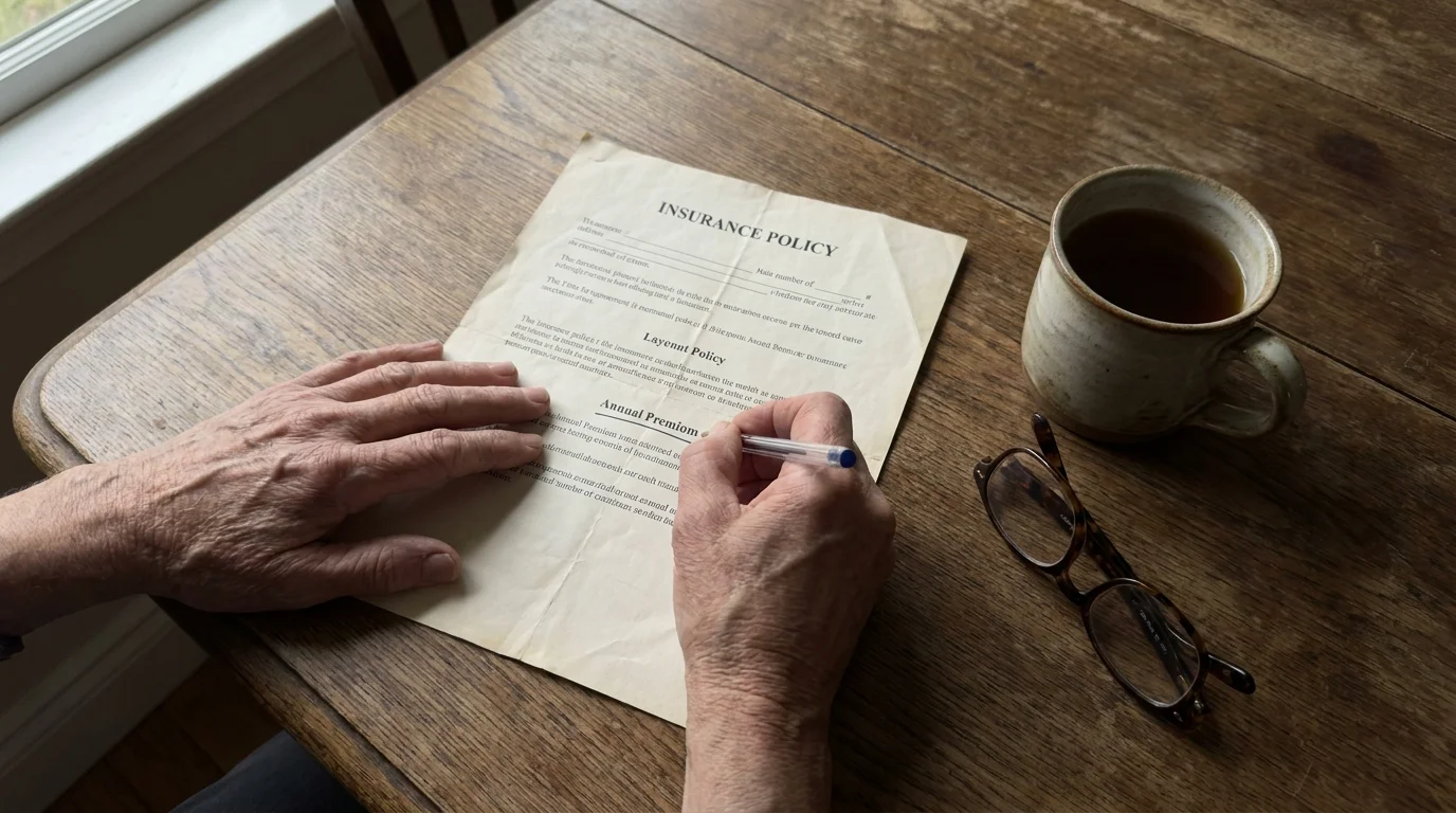 A close-up photo of a retiree's hands reviewing an insurance policy on a wooden table with a cup of tea.