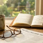 A close-up photograph of a kitchen table featuring a newsletter, reading glasses, a travel journal, and a gardening tool in soft morning lig