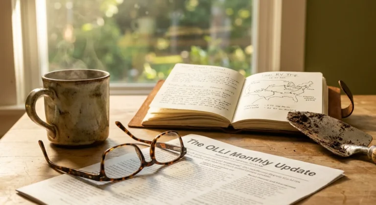 A close-up photograph of a kitchen table featuring a newsletter, reading glasses, a travel journal, and a gardening tool in soft morning lig