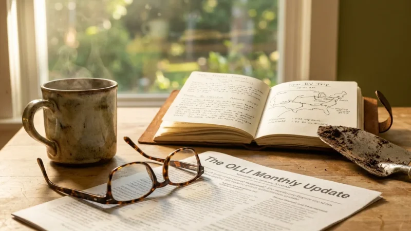 A close-up photograph of a kitchen table featuring a newsletter, reading glasses, a travel journal, and a gardening tool in soft morning lig