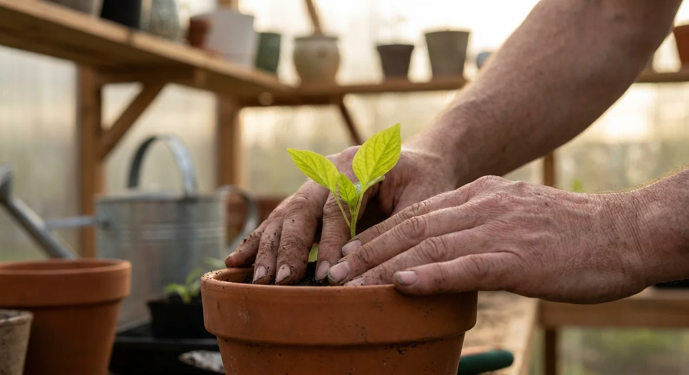 A close-up photograph of a senior's hands planting a seedling in a terra cotta pot within a sunlit greenhouse.