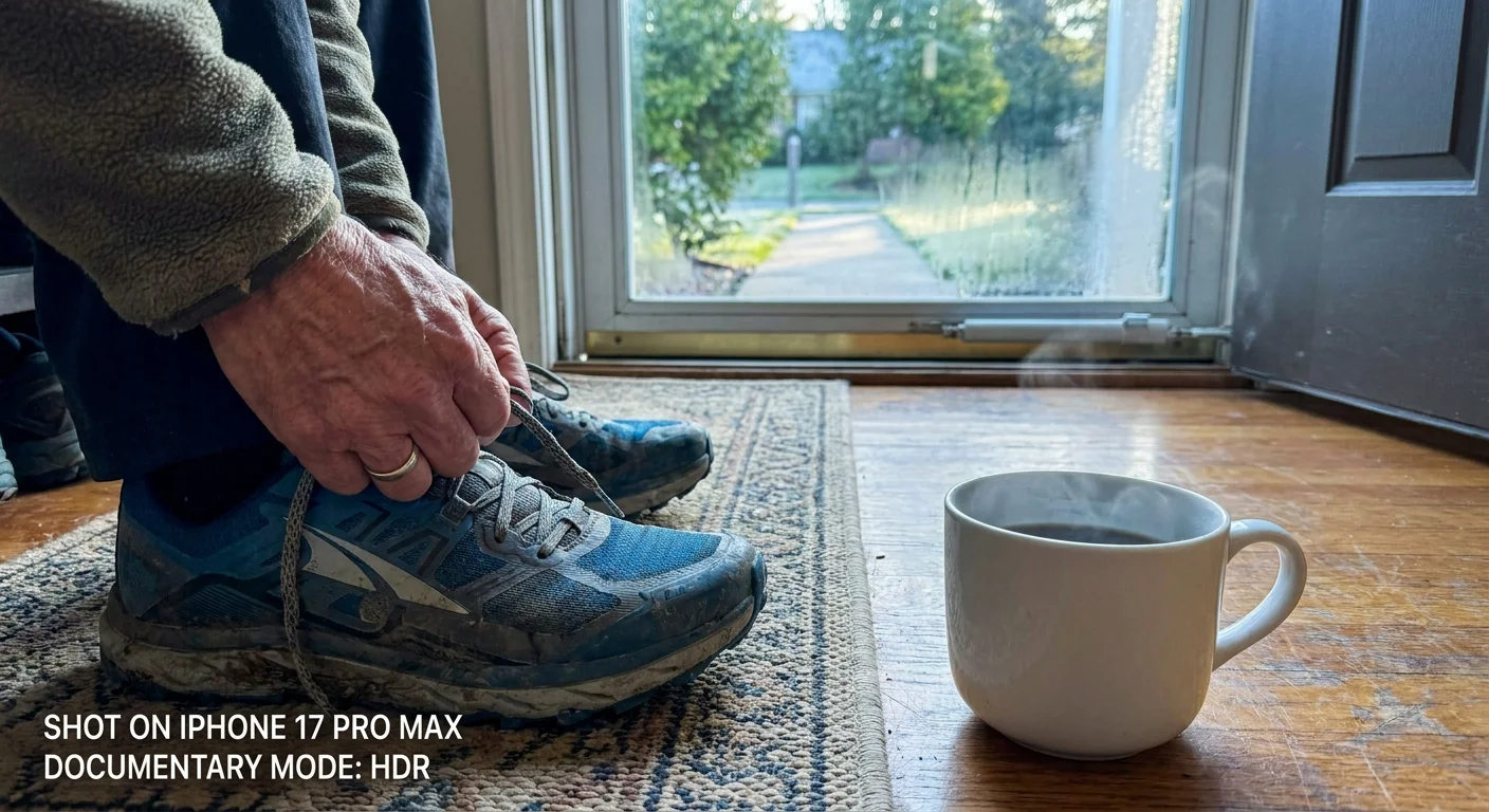 A close-up shot of a retiree lacing up walking shoes next to a cup of coffee, preparing for a morning walk.