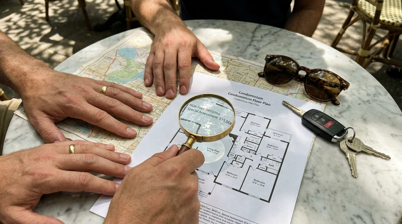 A close-up shot of hands using a magnifying glass to inspect 'HOA Fees' on a new home's floor plan.