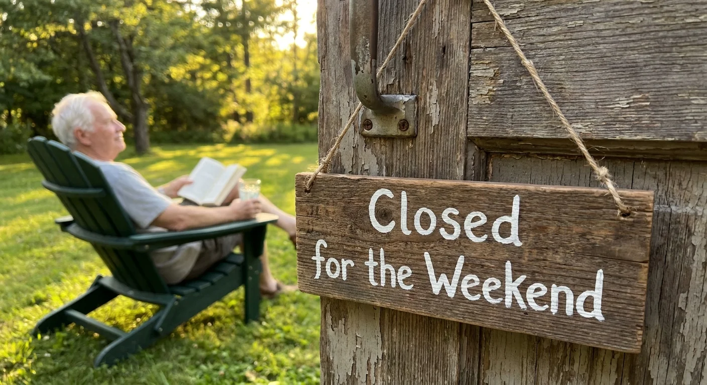 A 'Closed' sign hangs on a workshop door while a man relaxes in a garden chair in the background.