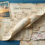A collage showing a 'Perfect Retirement' blueprint peeling back to reveal complex financial ledgers and medical charts underneath.