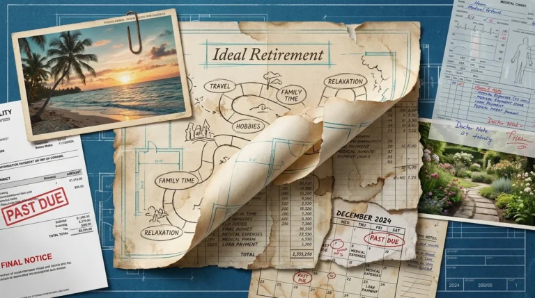 A collage showing a 'Perfect Retirement' blueprint peeling back to reveal complex financial ledgers and medical charts underneath.