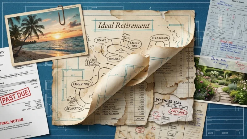 A collage showing a 'Perfect Retirement' blueprint peeling back to reveal complex financial ledgers and medical charts underneath.