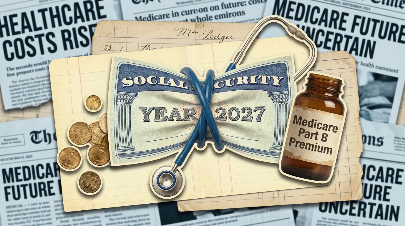 A collage showing a Social Security check being squeezed in the middle by a stethoscope and a Medicare Part B bottle.